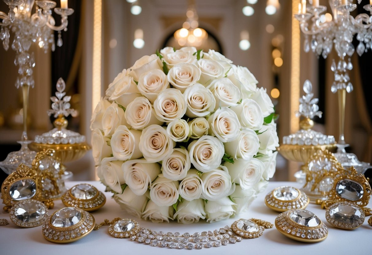 A luxurious bouquet of Juliet roses surrounded by opulent decor and sparkling jewels