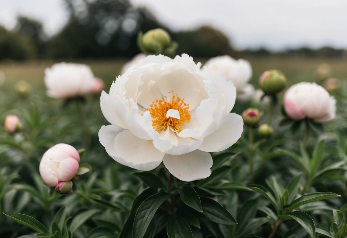 A blooming white peony surrounded by delicate greenery