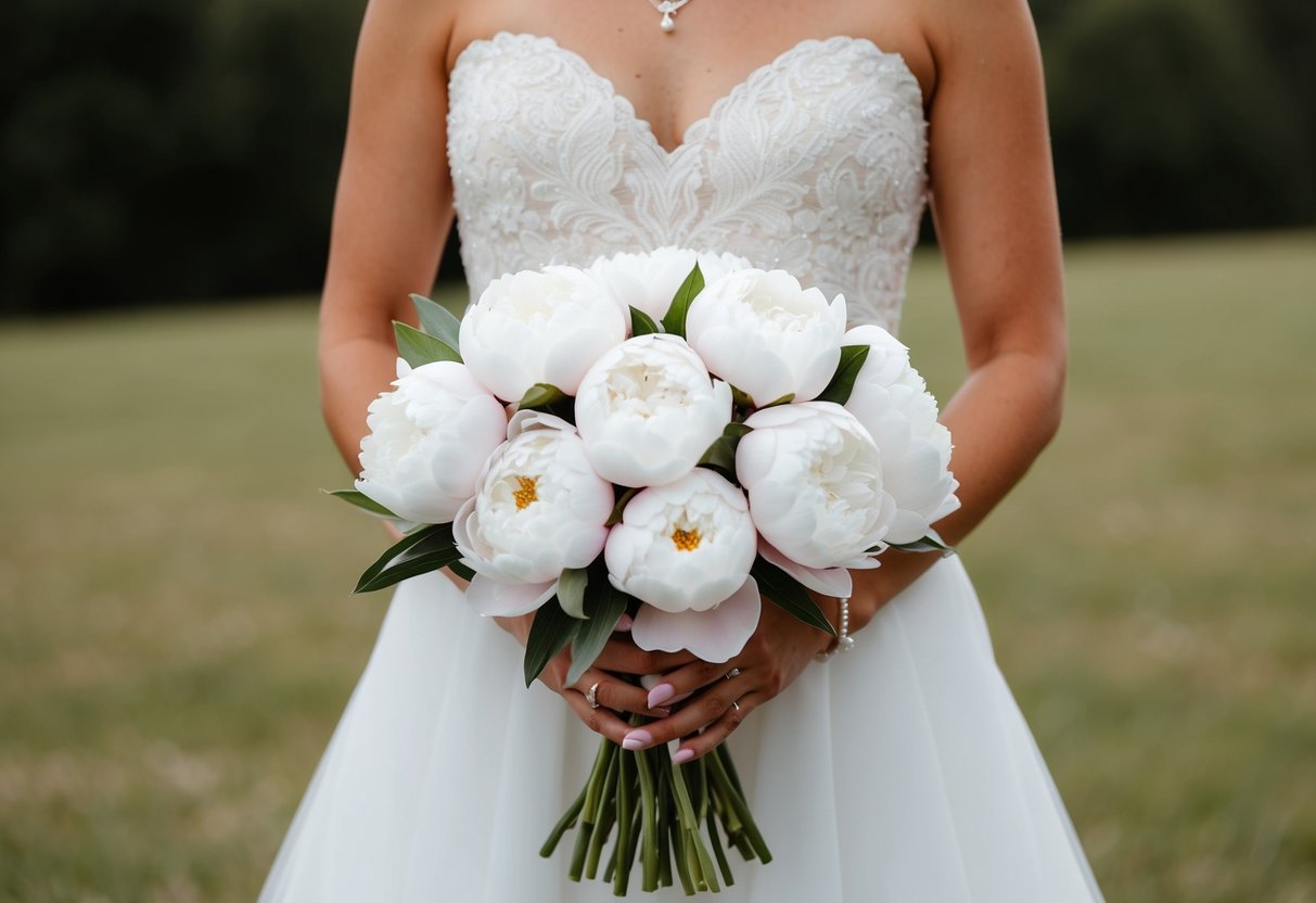 A bride holding a bouquet of white peonies, a symbol of good luck and prosperity for a wedding