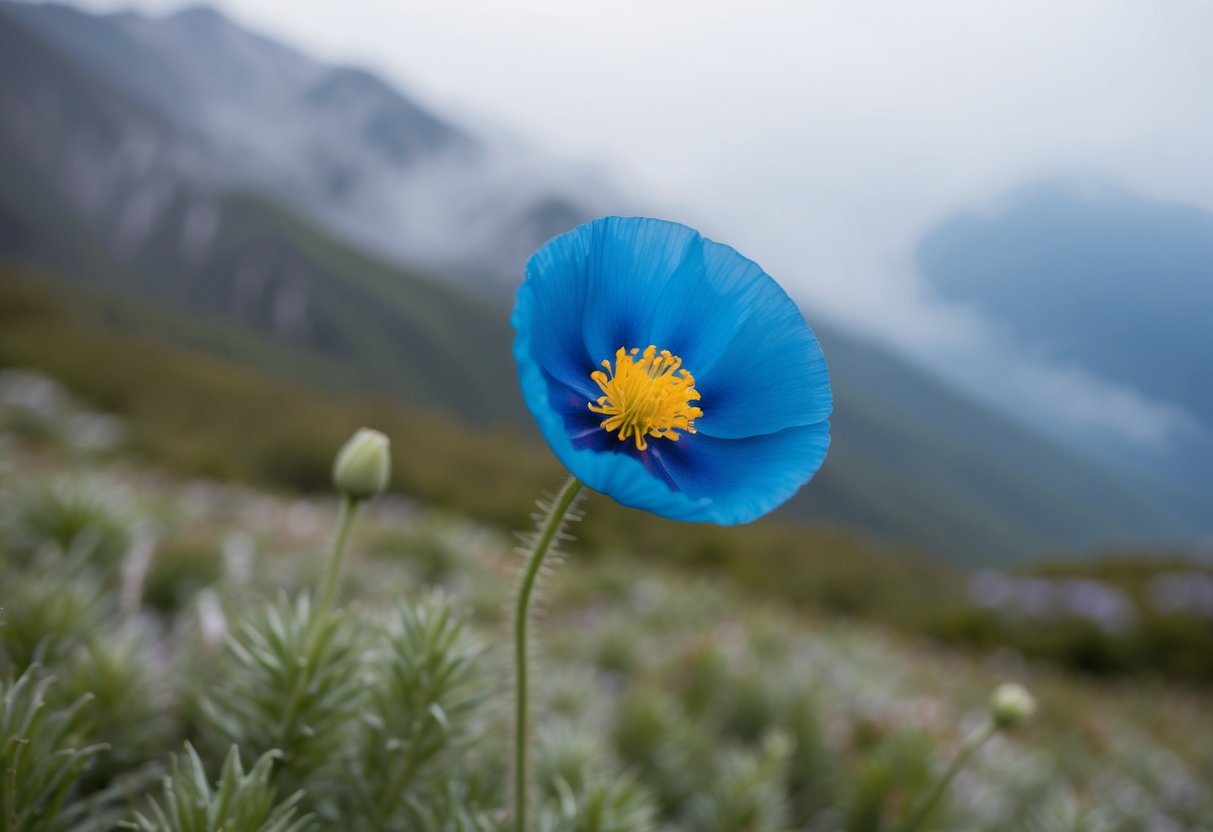 A solitary blue Himalayan poppy blooms in a misty, mountainous landscape