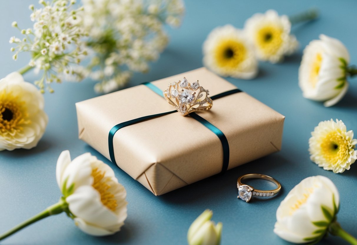 A beautifully wrapped gift card surrounded by delicate wedding flowers and a pair of elegant wedding rings