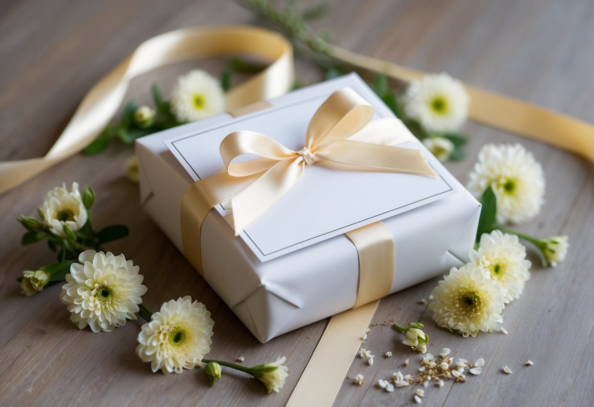 A beautifully wrapped wedding gift card surrounded by delicate flowers and elegant ribbon
