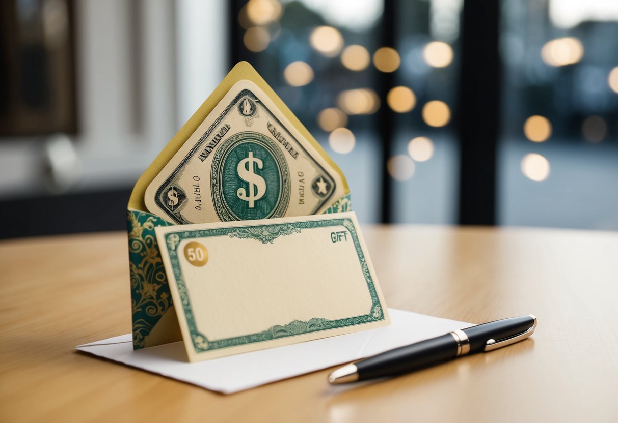 A decorative envelope with a blank money gift card placed on a table with a pen nearby