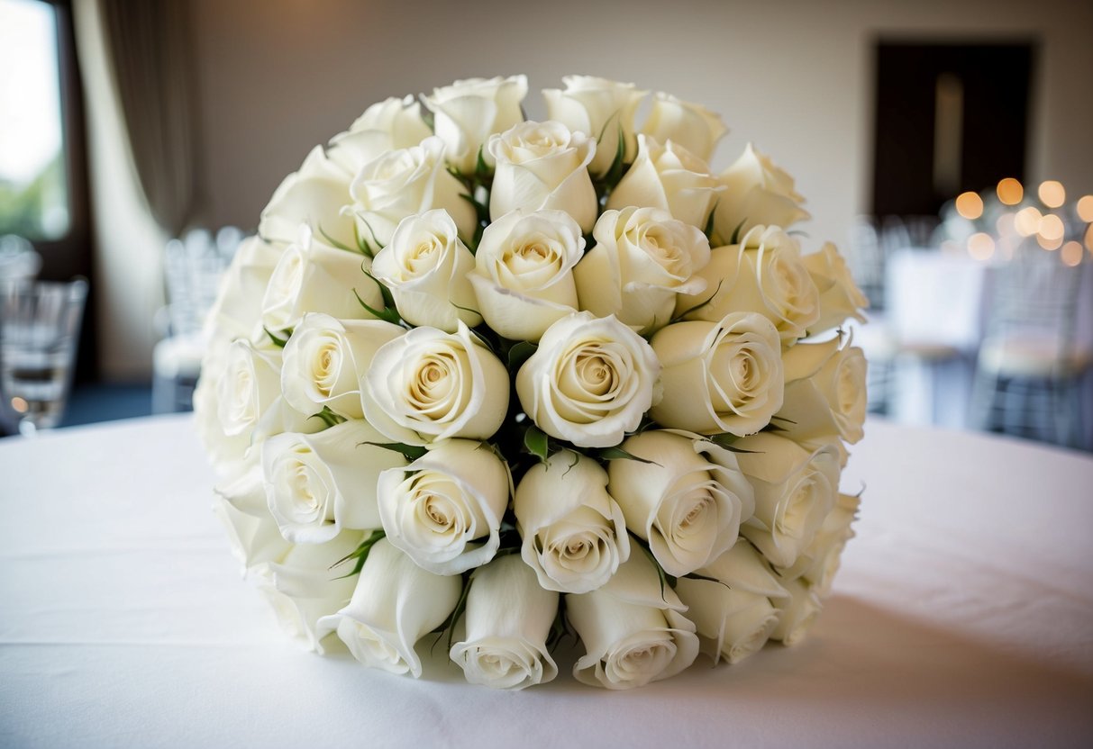 A bouquet of white roses arranged in a bridal setting