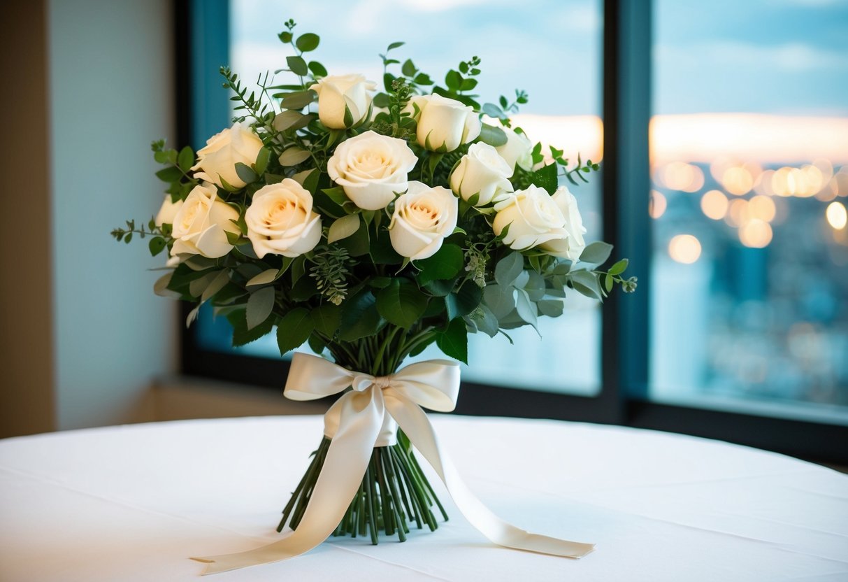 A bouquet of white roses and greenery, tied with a satin ribbon, sits on a table