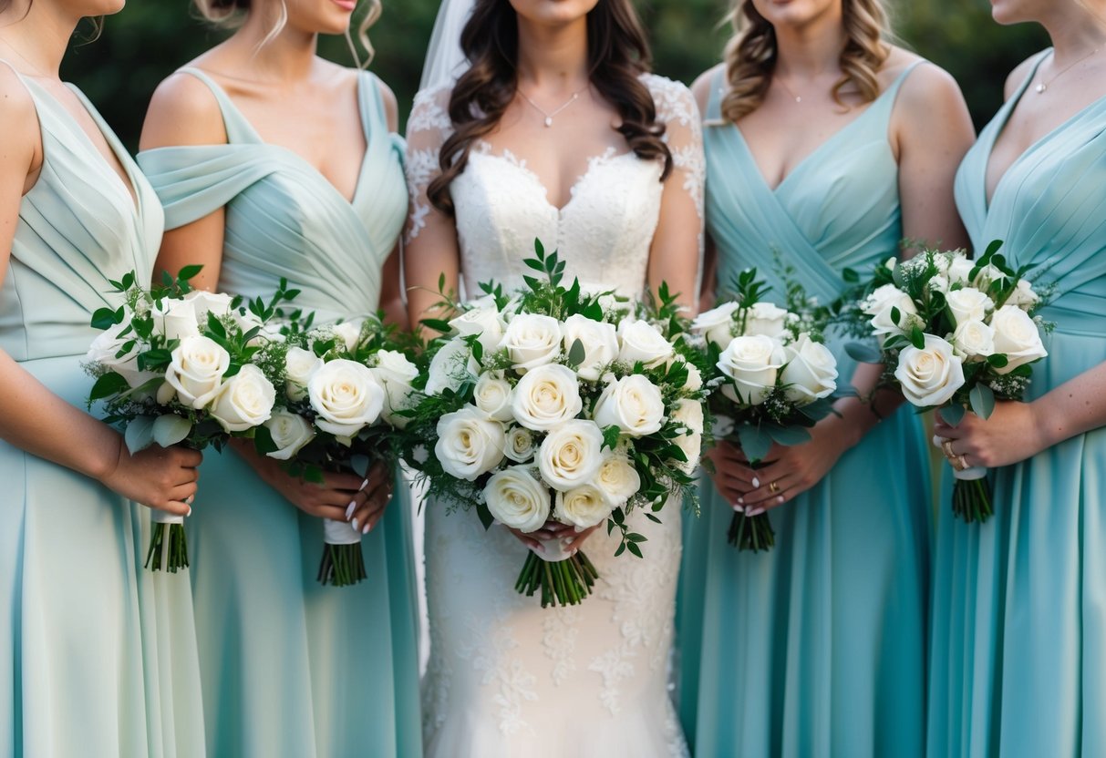 Brides and bridesmaids hold matching bouquets of white roses and greenery