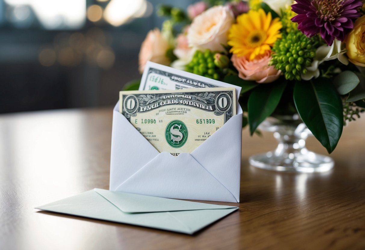 A decorative envelope containing cash and a card placed on a table with a floral centerpiece