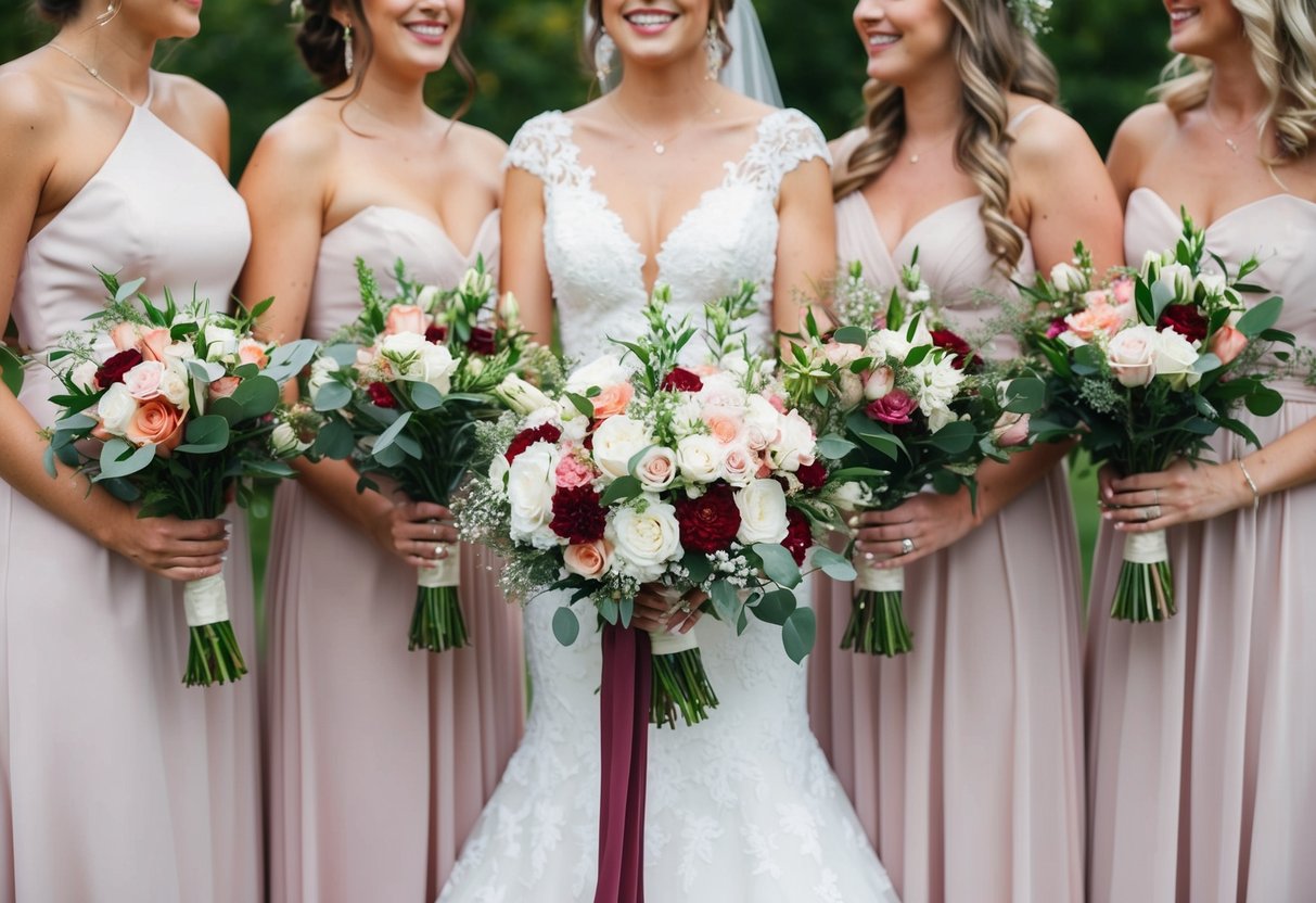 Brides and bridesmaids hold matching floral bouquets