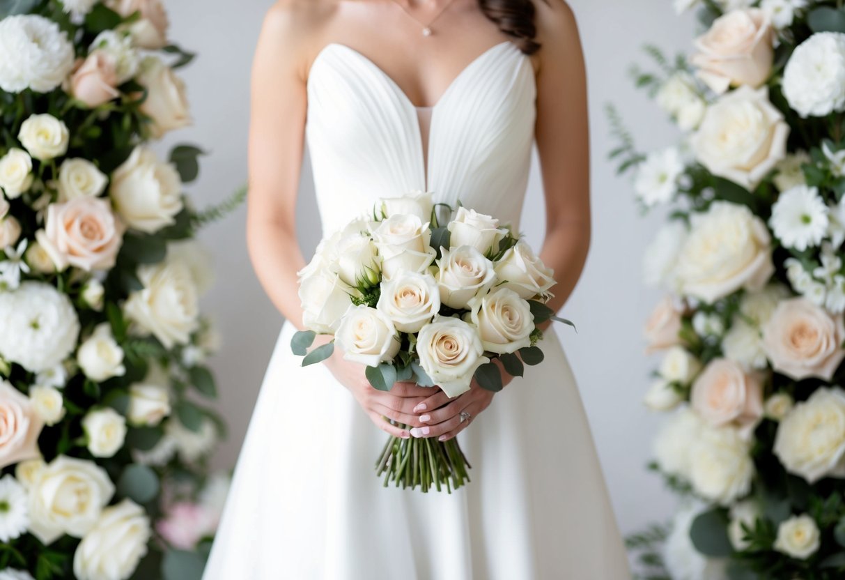 A bride holding a bouquet of white roses, surrounded by floral arrangements in shades of white, cream, and pale pink
