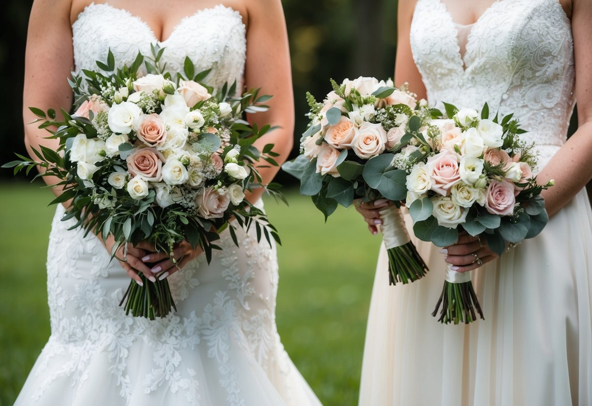A bride and bridesmaid hold matching bouquets of flowers, with the bride's slightly larger and more elaborate. The bridesmaid's bouquet is simpler and smaller, but still coordinating with the overall theme