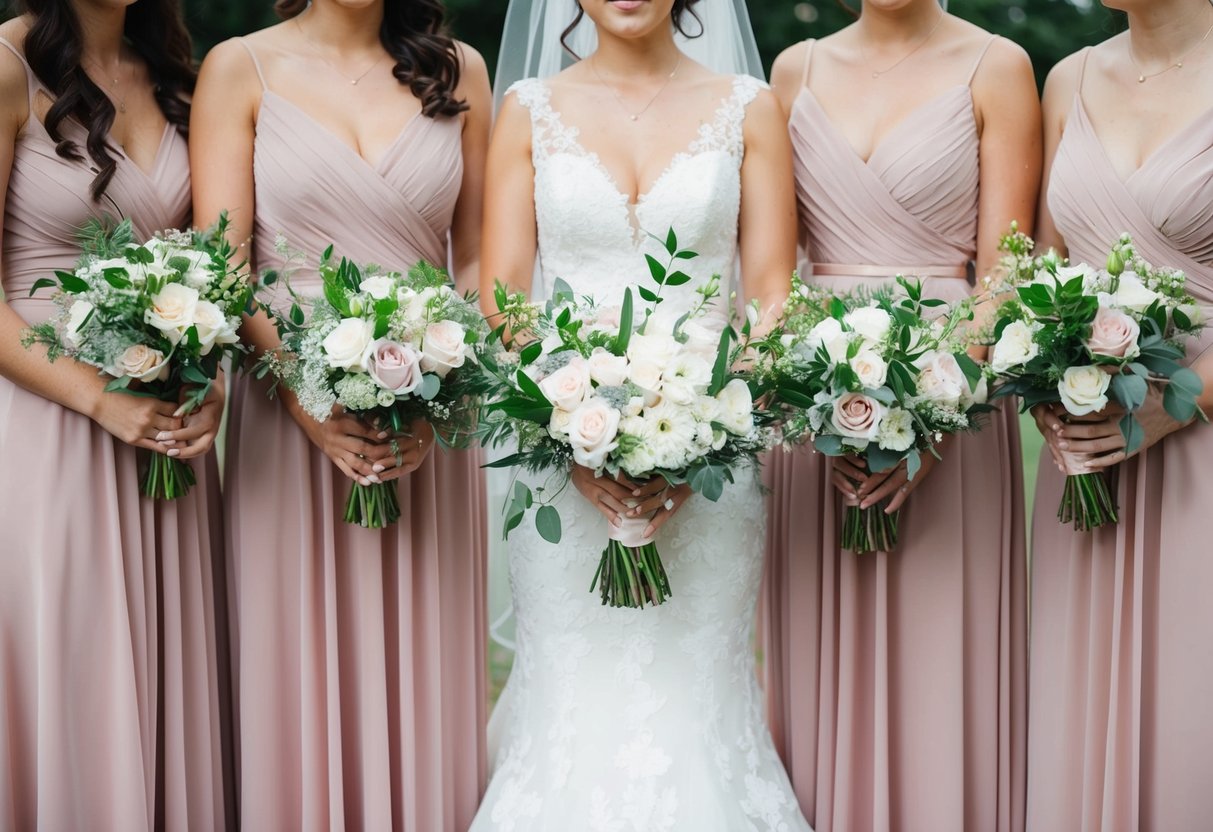 Brides and bridesmaids hold matching bouquets of flowers