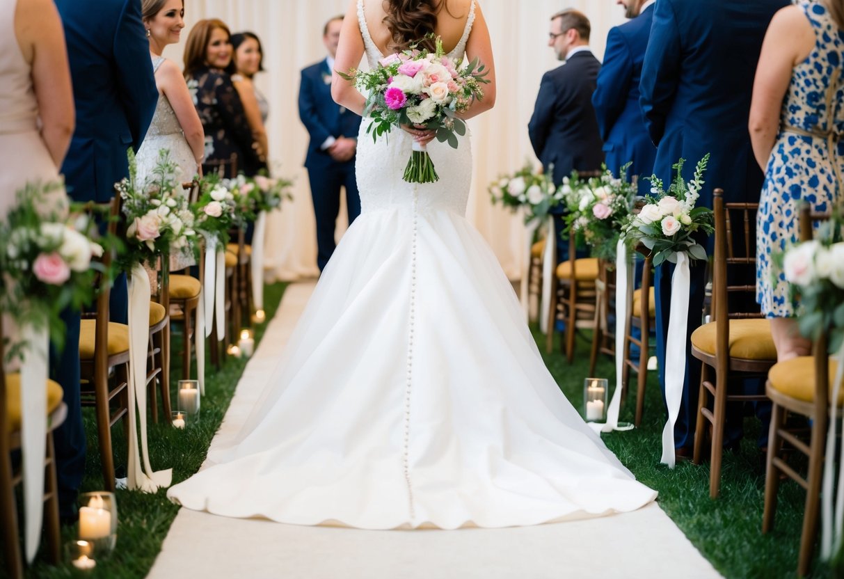A bride walks down the aisle, her gown trailing behind her. She carries a beautiful bouquet of flowers, adding a pop of color to the scene