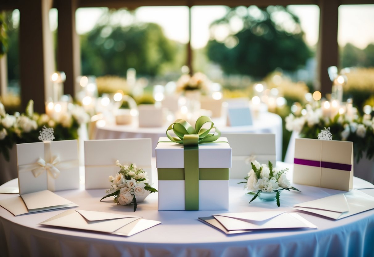 A gift table at a wedding with a collection of cards and envelopes, some opened and displayed