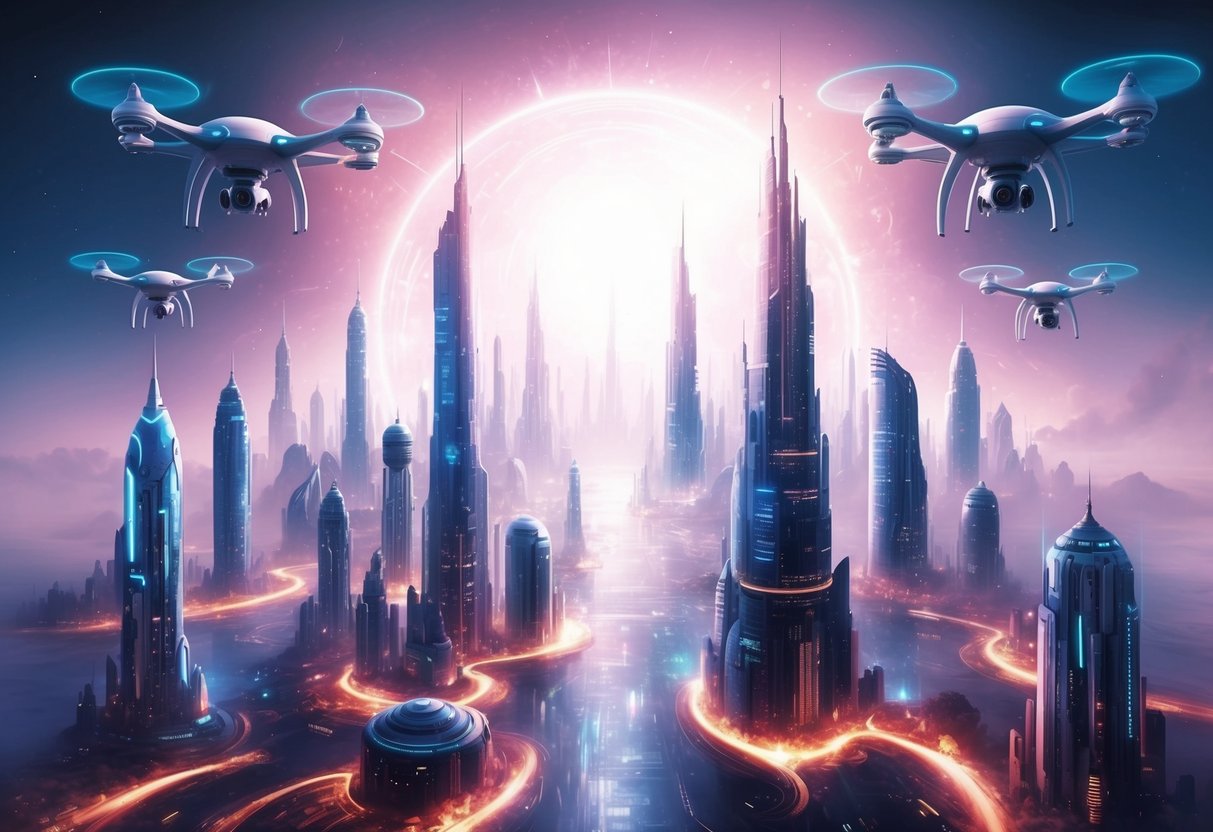 Uma paisagem urbana futurista com arranha-céus iluminados e drones voadores, mostrando o avanço da inteligência artificial e da inovação.