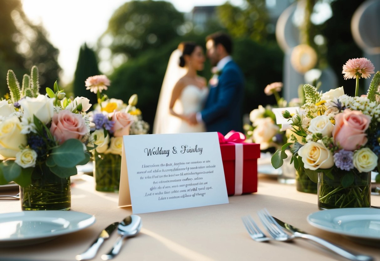 A table set with a wedding card surrounded by flowers and a gift, with a couple in the background
