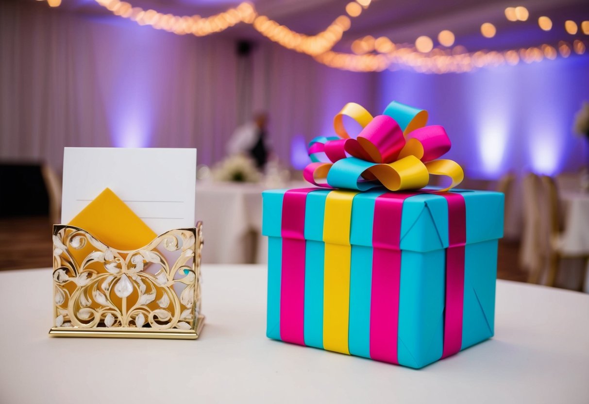 A beautifully wrapped gift box with a colorful bow sits on a table next to a decorative card holder at a wedding reception