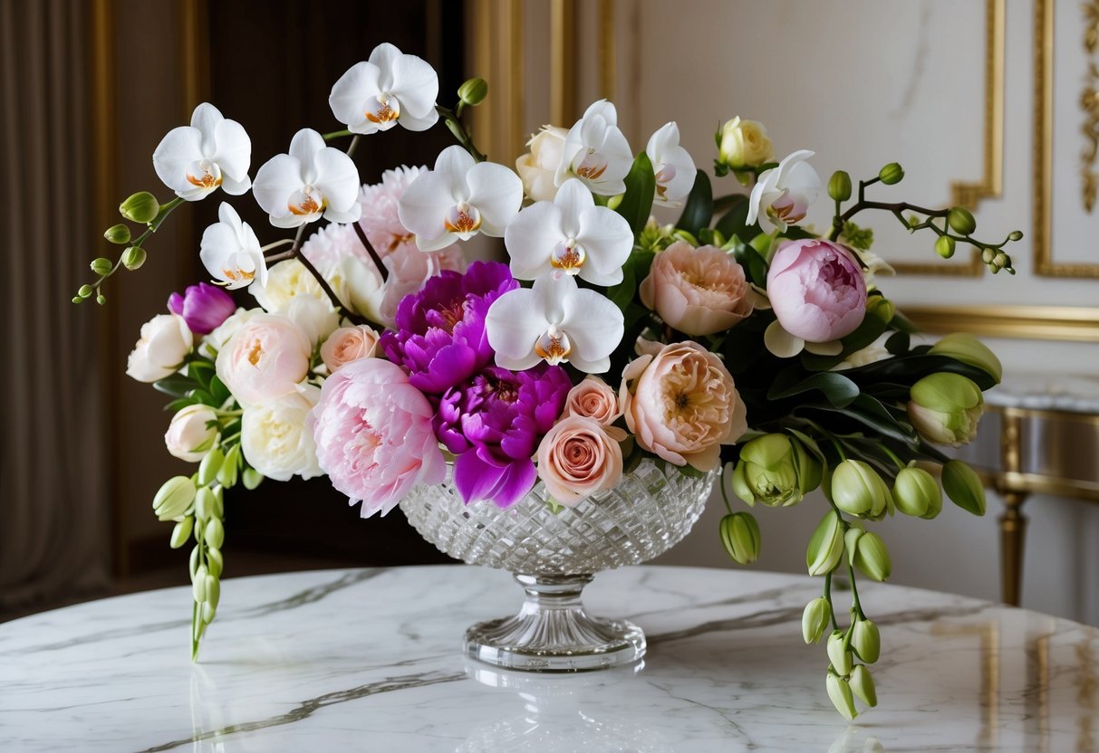 A lavish bouquet of rare orchids, peonies, and garden roses arranged in an opulent crystal vase on a marble table