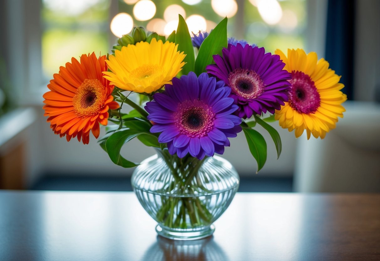 A bouquet of 5 vibrant flowers, each representing love, joy, gratitude, hope, and admiration, arranged in a delicate glass vase