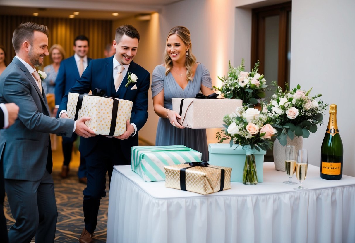 Guests bring wrapped gifts to a wedding reception, placing them on a designated table near the entrance. Bouquets of flowers and bottles of champagne also adorn the table