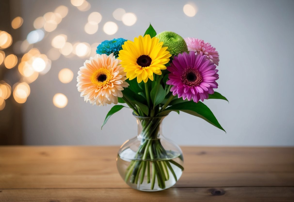A bouquet of five flowers, each with a different color and type, arranged in a simple glass vase on a wooden table