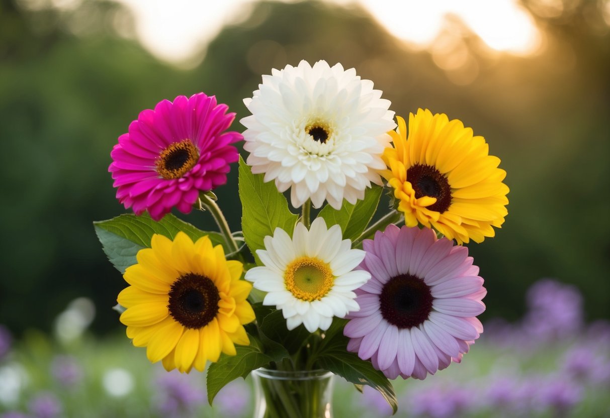 A bouquet of five flowers, each representing a different meaning, arranged in a harmonious and balanced composition