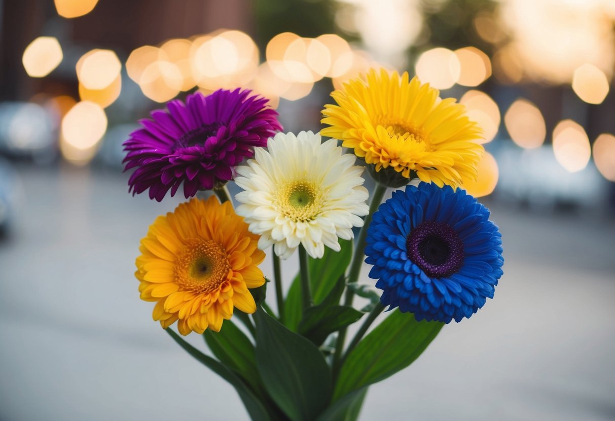 A bouquet of five flowers, each a different color and type, symbolizing various meanings