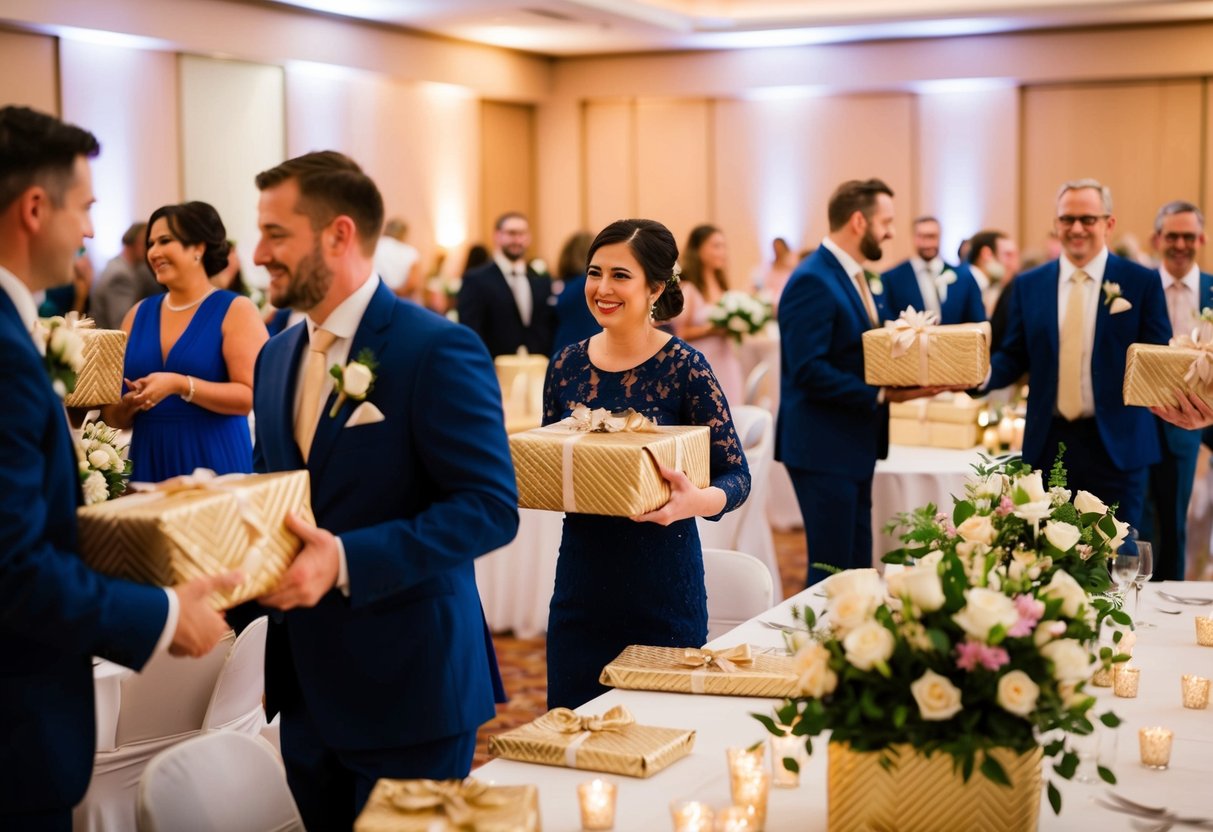 Guests bring wrapped gifts and floral arrangements to the wedding reception. Tables are adorned with presents and bouquets, adding to the festive atmosphere