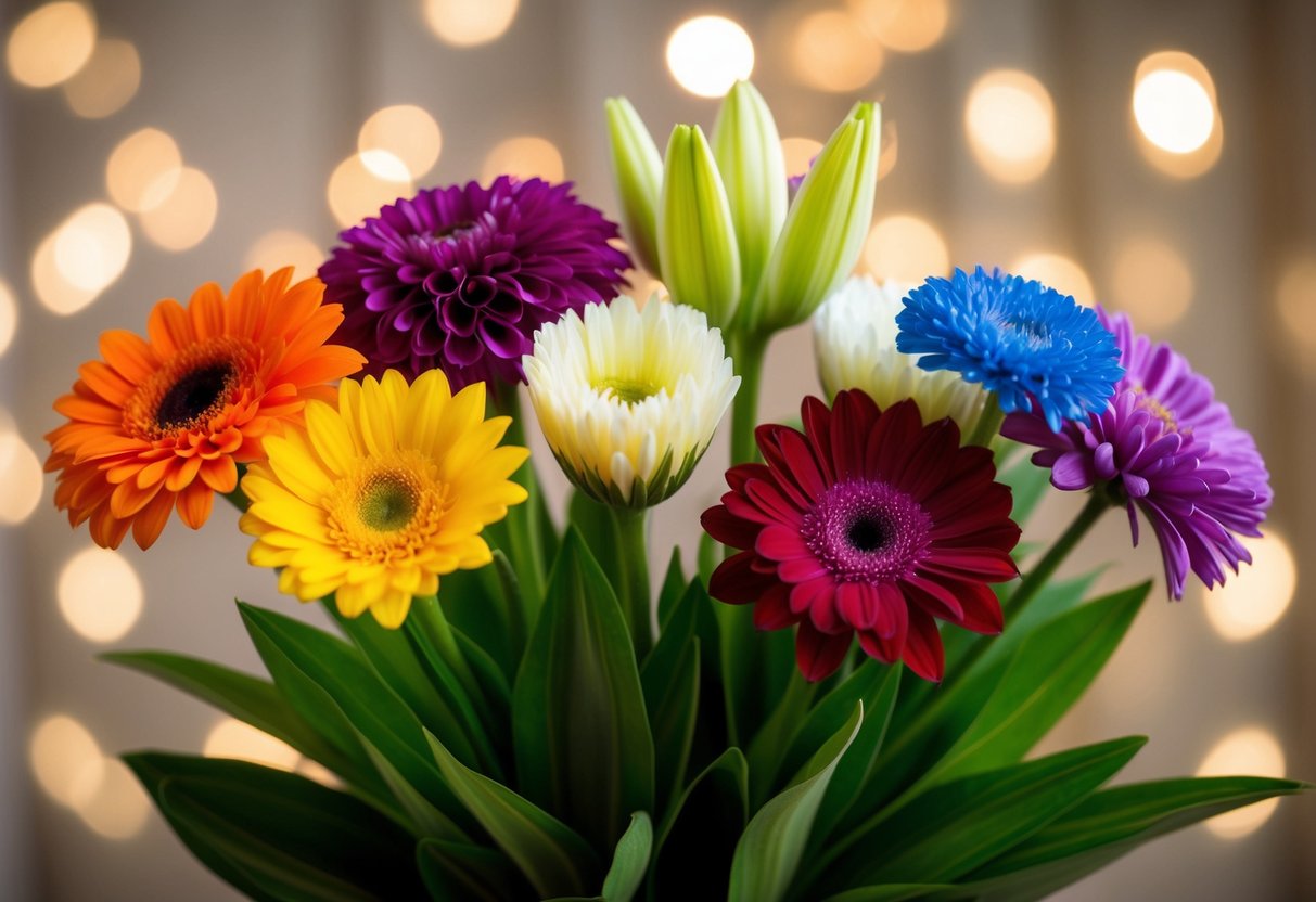 Five vibrant flowers arranged in a bouquet, each one symbolizing a different sentiment. The colors and types of flowers are carefully chosen to convey a specific message of love, gratitude, or sympathy