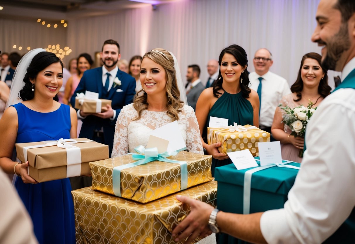Guests bring wrapped gifts and envelopes containing cards to a wedding reception. They also bring their smiles and well-wishes for the newlyweds