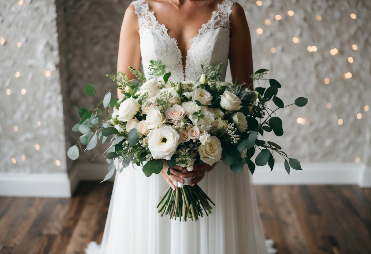 A bride holds a large bouquet, surrounded by smaller floral arrangements