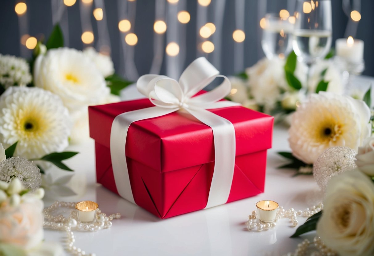 A beautifully wrapped gift box surrounded by elegant wedding decor and flowers