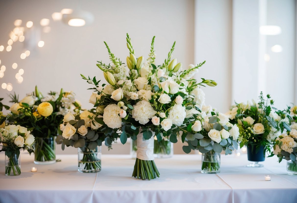 A bride's bouquet, larger than others, stands out on a table among various sizes and styles of floral arrangements