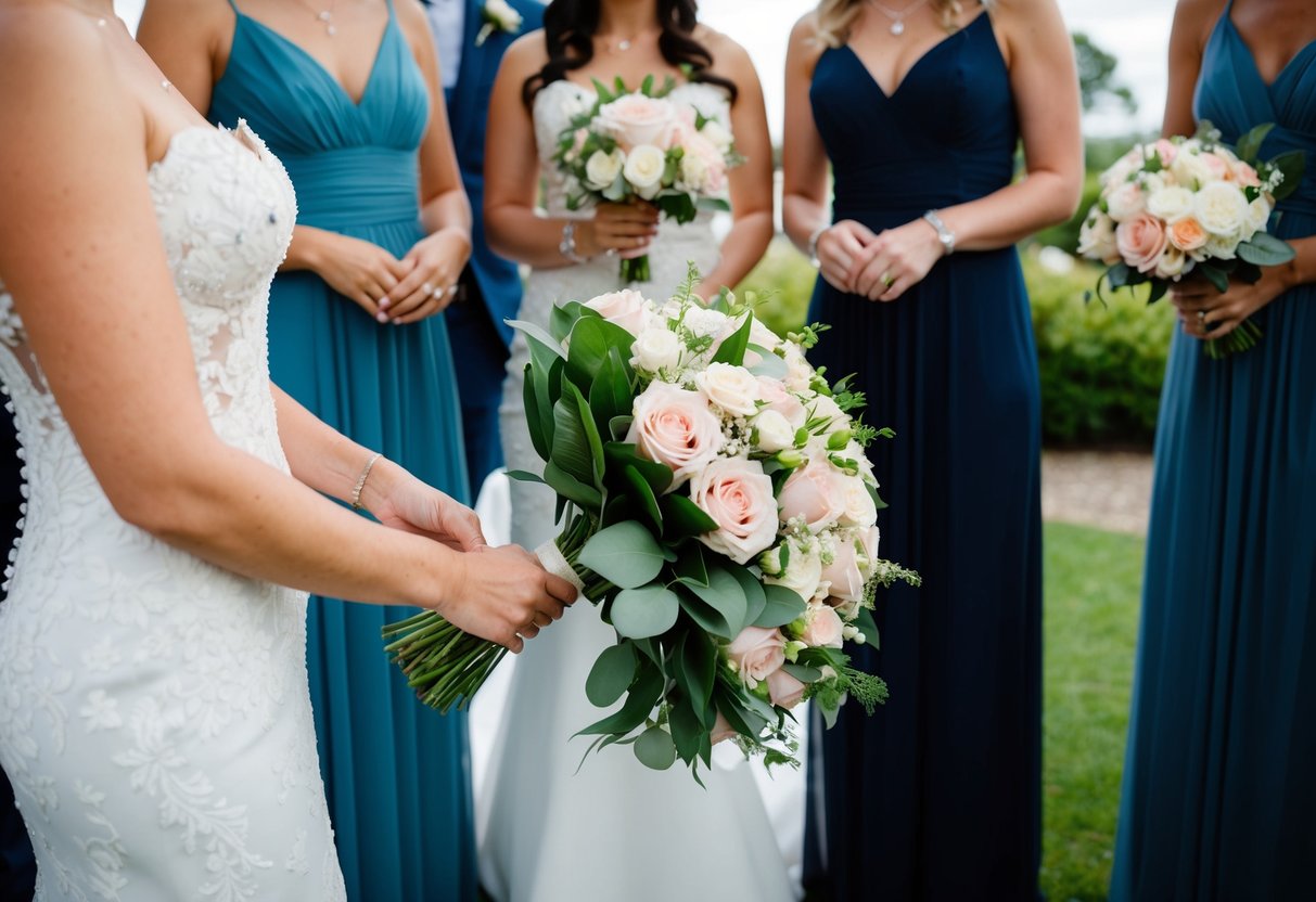 A bride's hand holds a large bouquet while standing next to the bridal party. They discuss the size, comparing different options