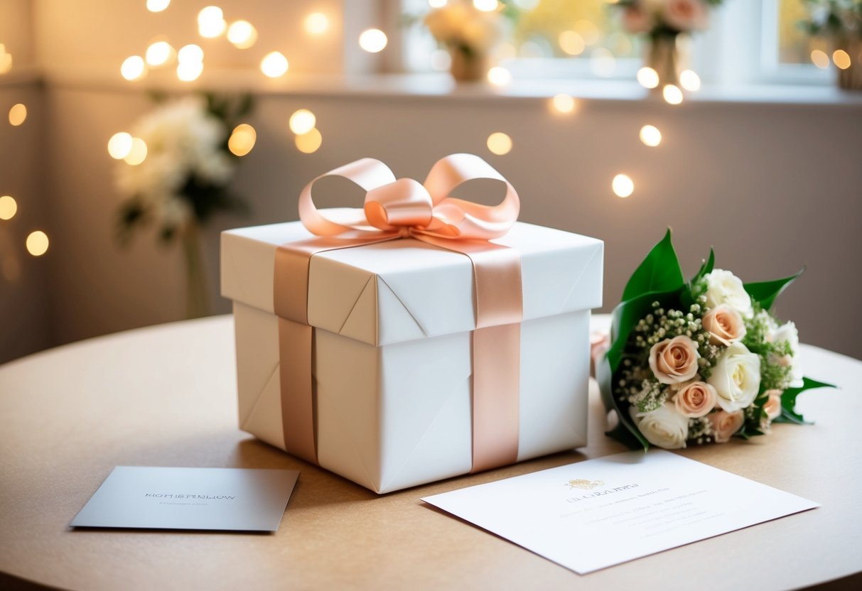 A beautifully wrapped gift box with a ribbon and bow sits on a table next to a wedding card and a bouquet of flowers