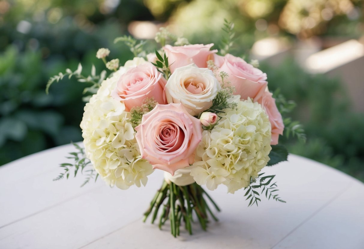 A bouquet of blush pink roses and cream hydrangeas with delicate greenery