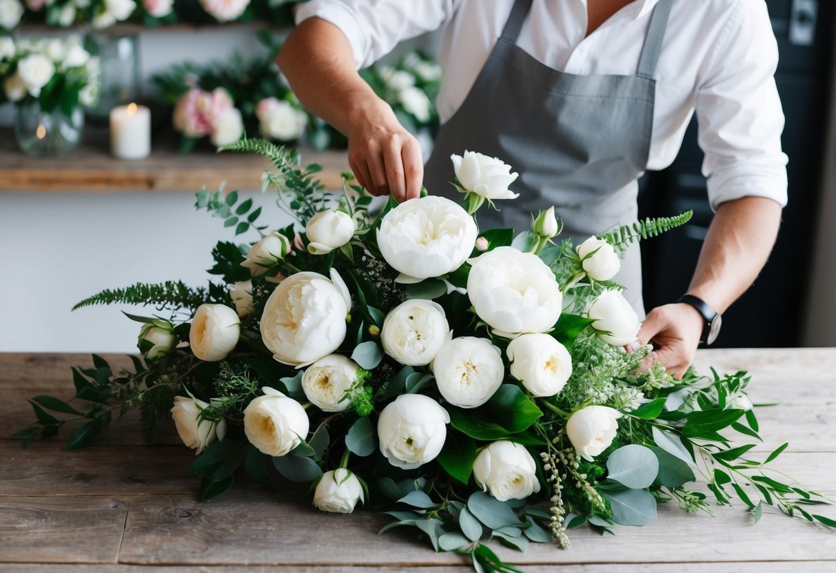 A florist arranges a lush bouquet of white roses, peonies, and greenery on a rustic wooden table