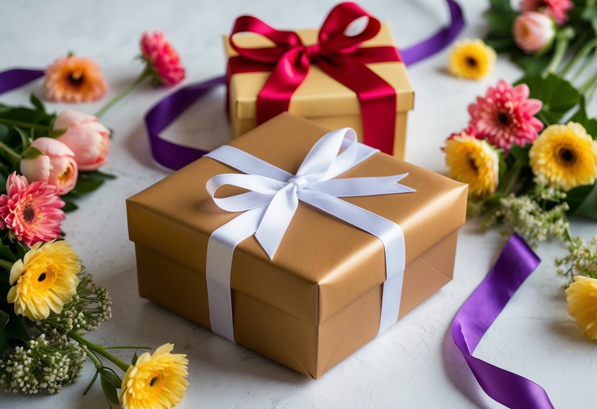 A beautifully wrapped gift box surrounded by elegant flowers and ribbons