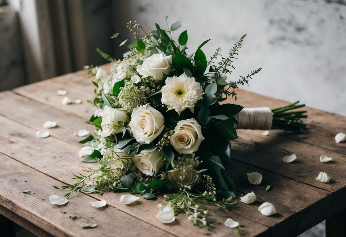A bride's abandoned bouquet lies on a rustic wooden table, surrounded by scattered petals and delicate greenery