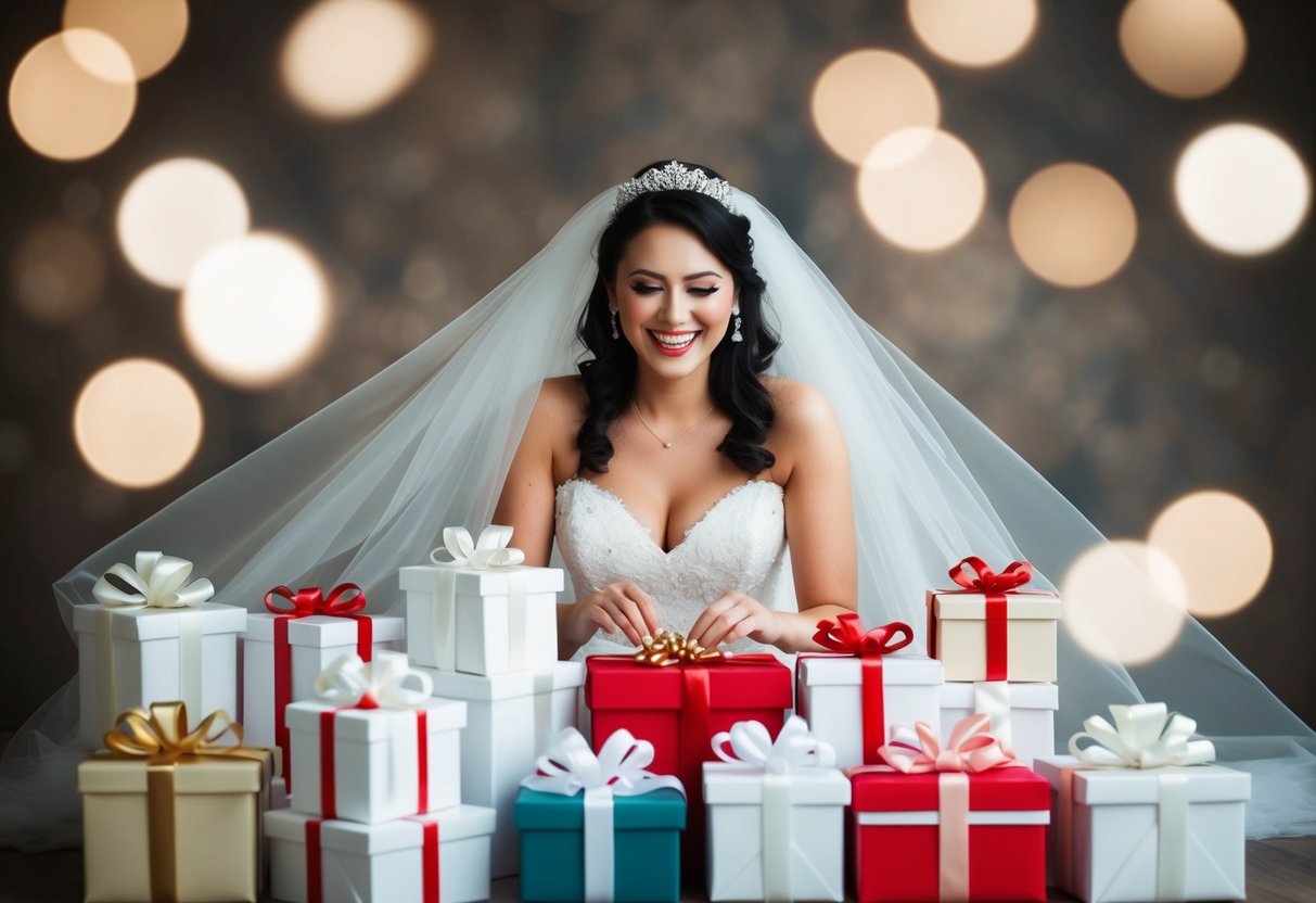 A bride surrounded by wedding gifts, opening them with a smile