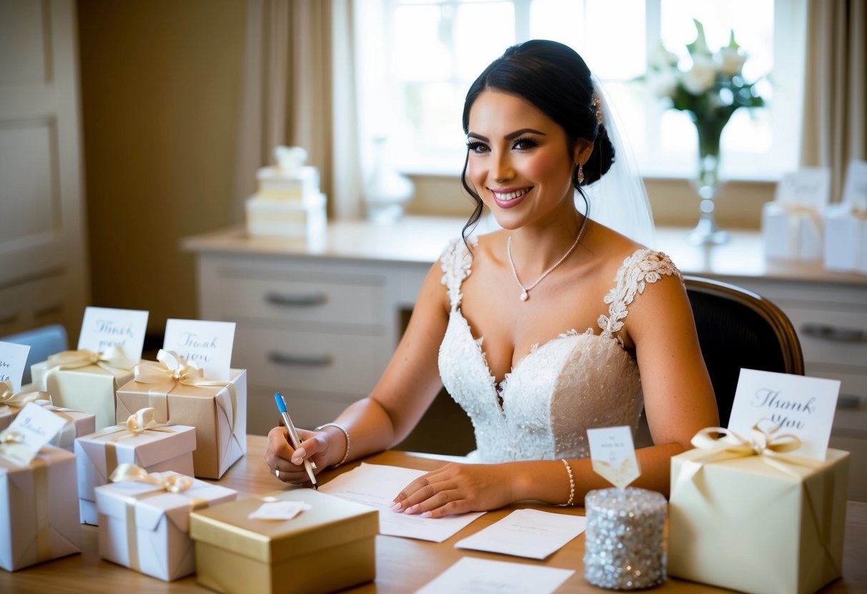 A bride sitting at a desk surrounded by wedding gifts and stationary, writing thank-you notes with a smile on her face
