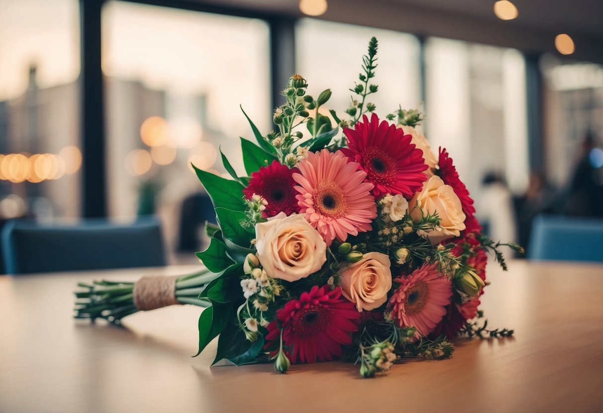 A bouquet of flowers lies on a table, untouched