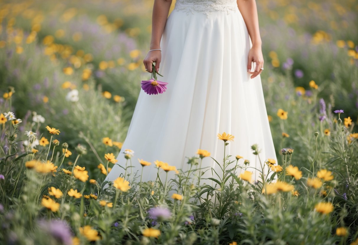A bride standing in a field of wildflowers, holding a single bloom in her hand, with the rest of the flowers scattered around her feet