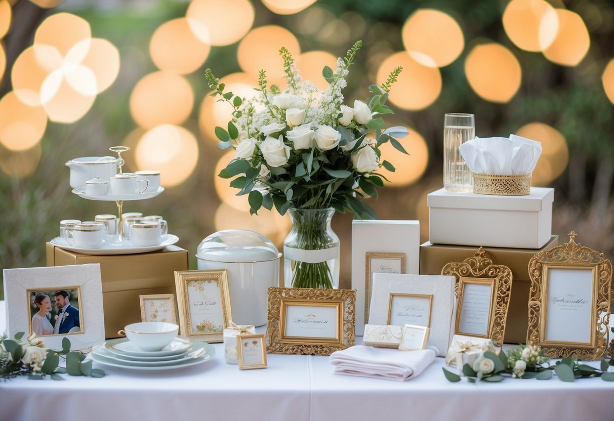 A table adorned with various wedding gifts, including elegant kitchenware, luxurious linens, and ornate photo frames