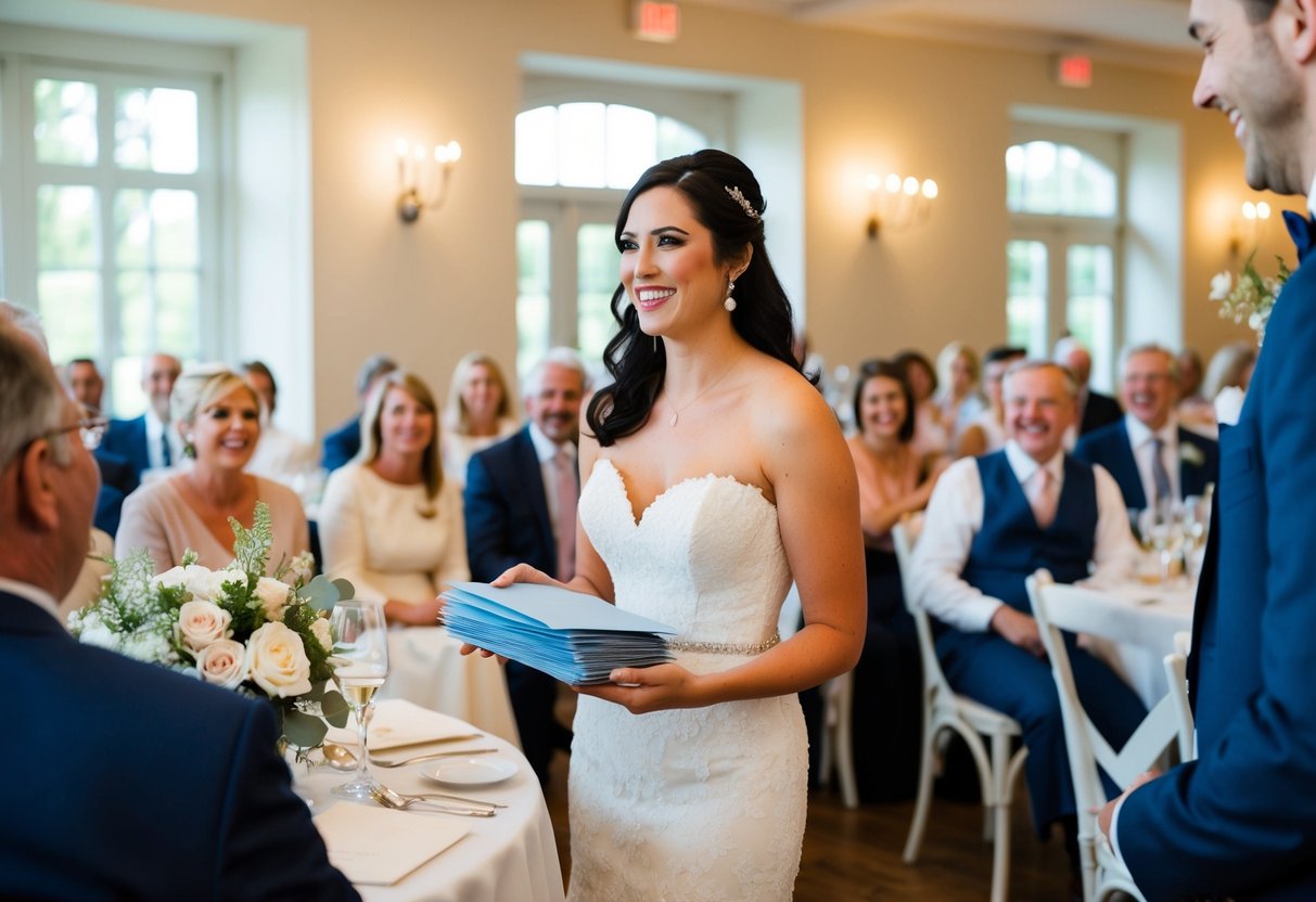 A bride stands at a table with a stack of envelopes, smiling as she hands them to guests. The room is filled with laughter and conversation