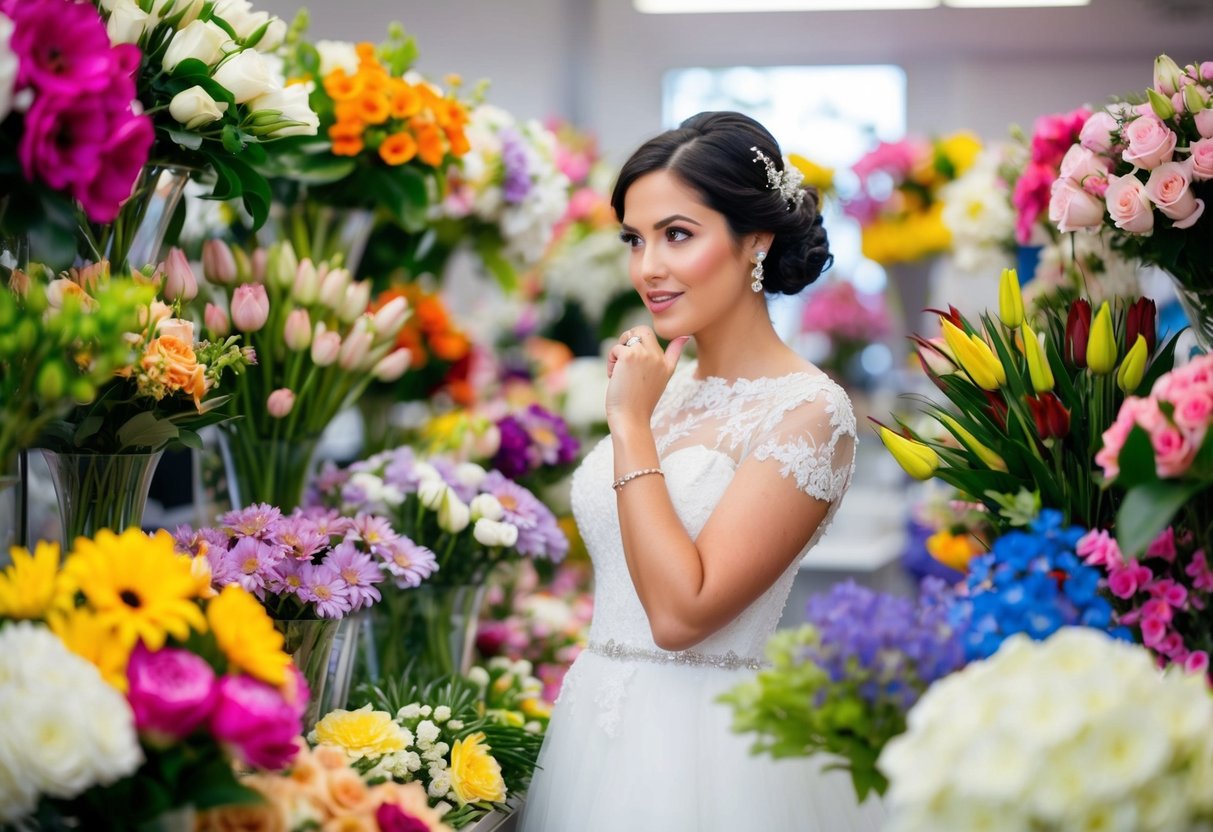 A bride-to-be browsing through a variety of colorful floral arrangements at a flower shop, with a thoughtful expression on her face