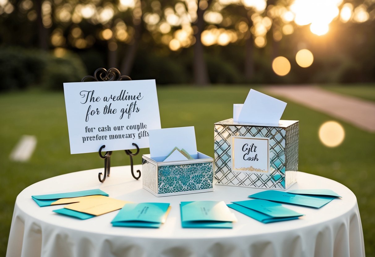 A gift table with envelopes and cards, a decorative box for cash, and a sign indicating the couple's preference for monetary gifts