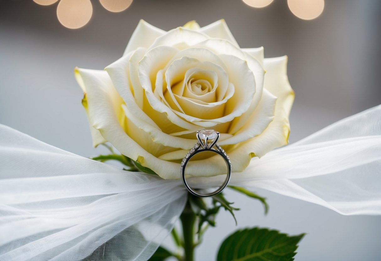 A white rose and a ring intertwined on a wedding veil