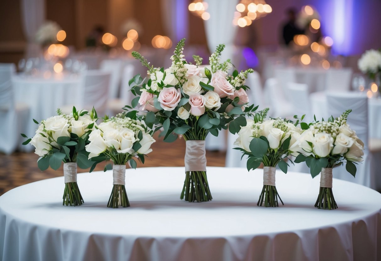 A bride's bouquet and matching bridesmaid bouquets sit on a table at a wedding reception