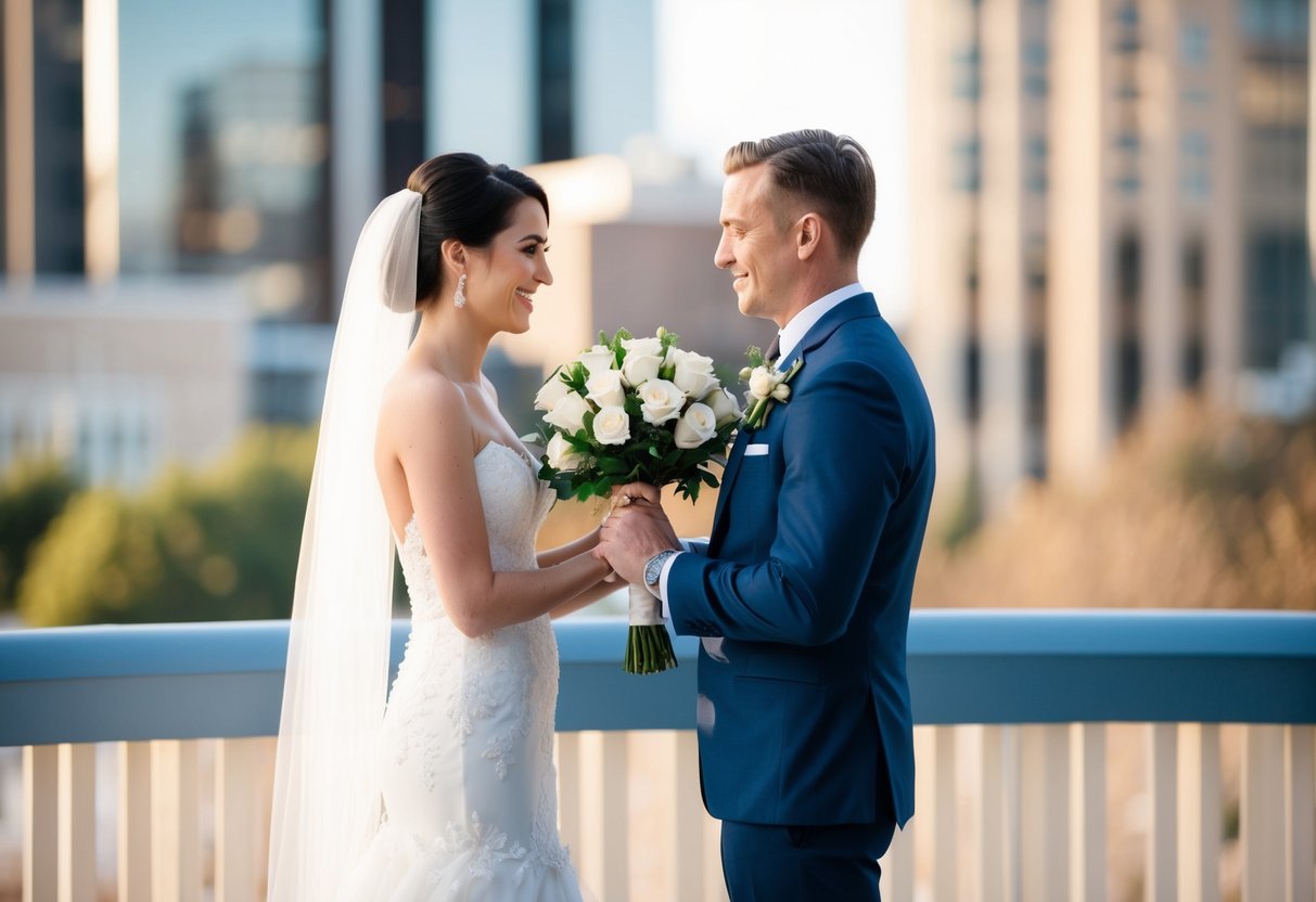 A bride and groom exchanging a bouquet of white roses