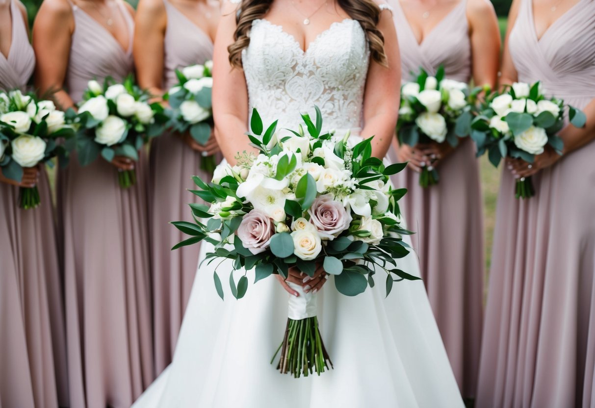 A bride's bouquet stands out against a backdrop of matching bridesmaid bouquets, showcasing a contrast in color or style